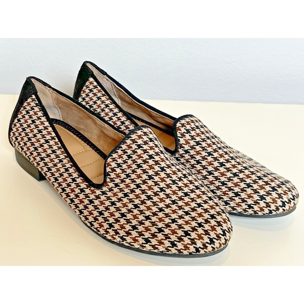 Me Too Houndstooth Flats Womens Sz 9 Black Brown Tan Old Money Preppy Classy
